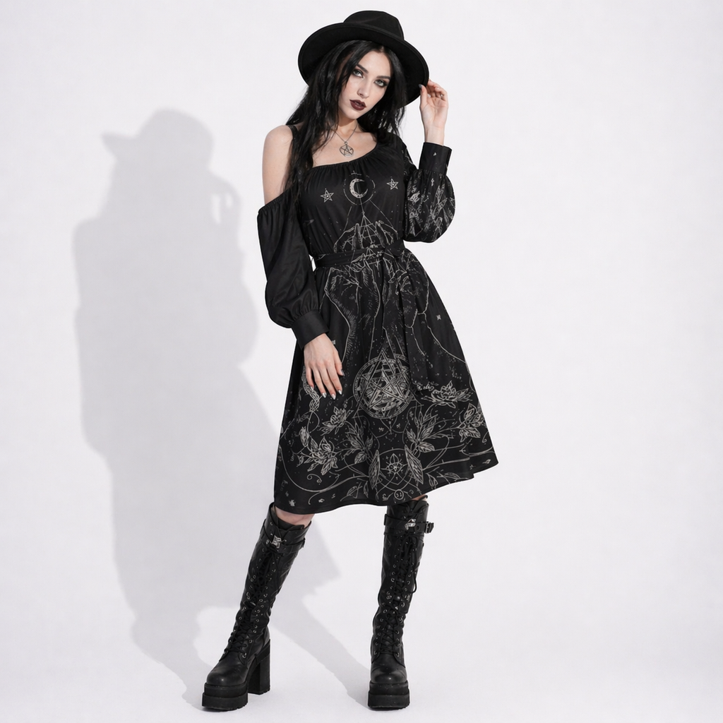 Gotycka Sukienka Wiccańska Sacred Geometry – Symbole Lunarne i Magiczne Dłonie | Occult Witch Dress