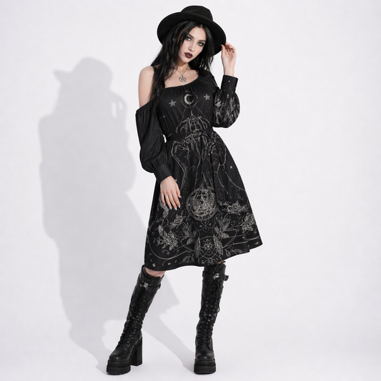 Gotycka Sukienka Wiccańska Sacred Geometry – Symbole Lunarne i Magiczne Dłonie | Occult Witch Dress