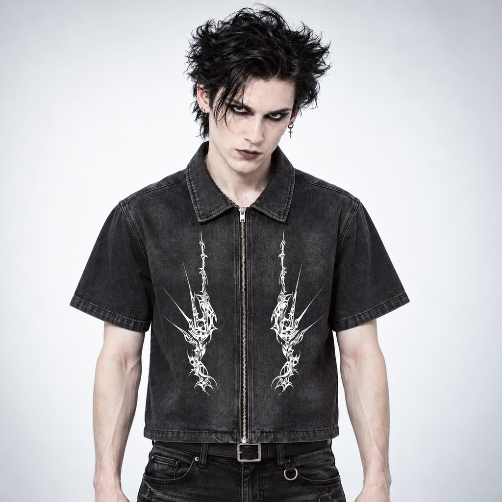 Męska Koszula Denimowa Gothic Grunge na Zamek | NIGHTCRAWLER – Washed Black 285 GSM