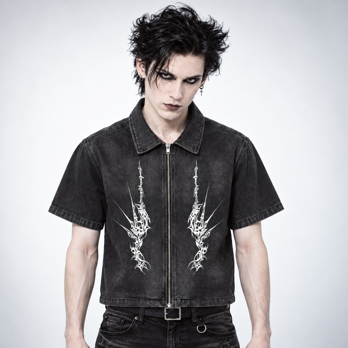 Męska Koszula Denimowa Gothic Grunge na Zamek | NIGHTCRAWLER – Washed Black 285 GSM