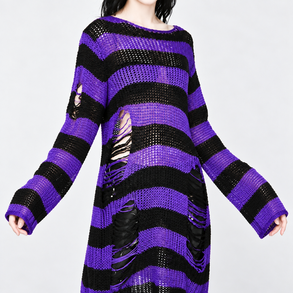 Damski Sweter Grunge Goth Oversize | Purple Witch Distressed