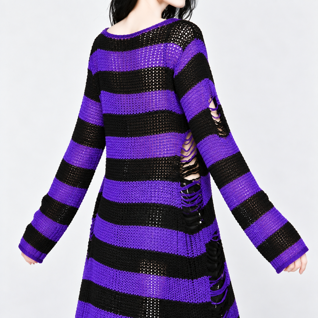 Damski Sweter Grunge Goth Oversize | Purple Witch Distressed