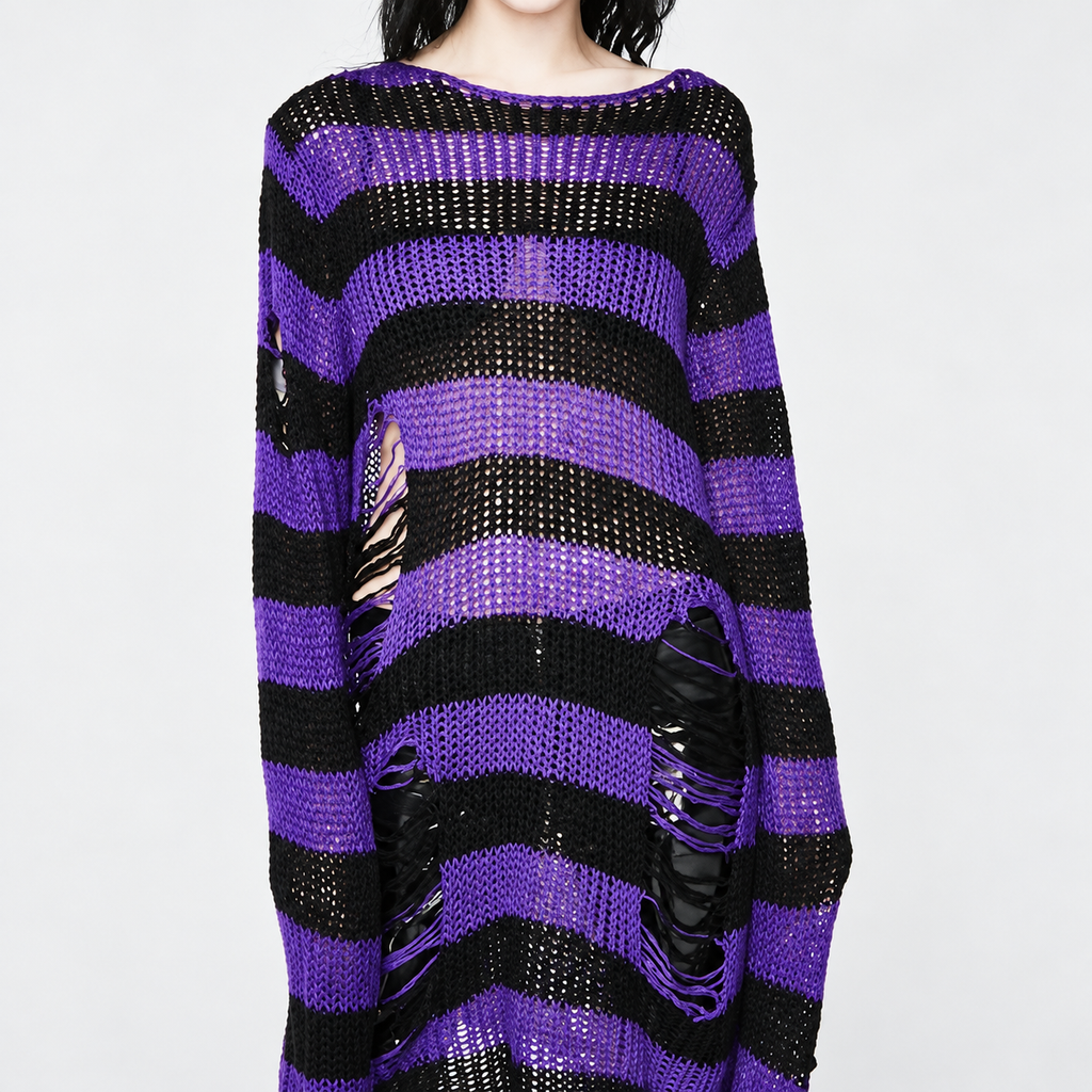 Damski Sweter Grunge Goth Oversize | Purple Witch Distressed