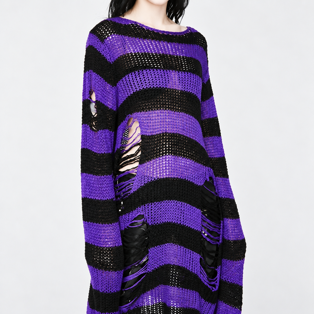 Damski Sweter Grunge Goth Oversize | Purple Witch Distressed