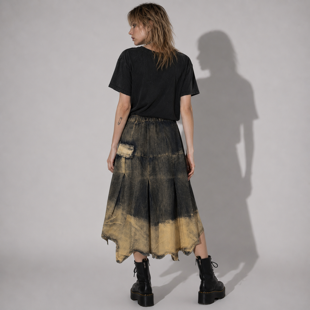 Jeansowa Spódnica Grunge Y2K Vintage Wash z Kieszeniami | Denim Midi Alternative