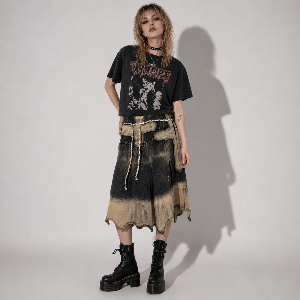 Jeansowa Spódnica Grunge Y2K Vintage Wash z Kieszeniami | Denim Midi Alternative