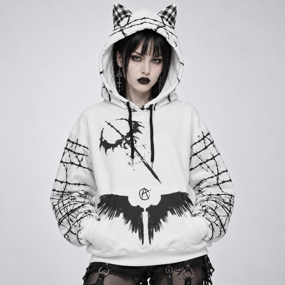 Bluza Damska Grunge Goth z Kocimi Uszami | Anarchy Cat Escape | 230 GSM
