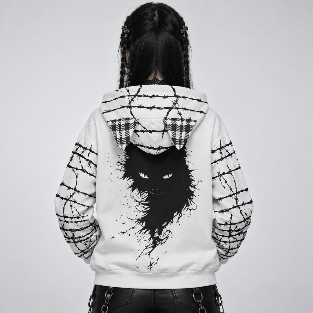 Bluza Damska Grunge Goth z Kocimi Uszami | Anarchy Cat Escape | 230 GSM