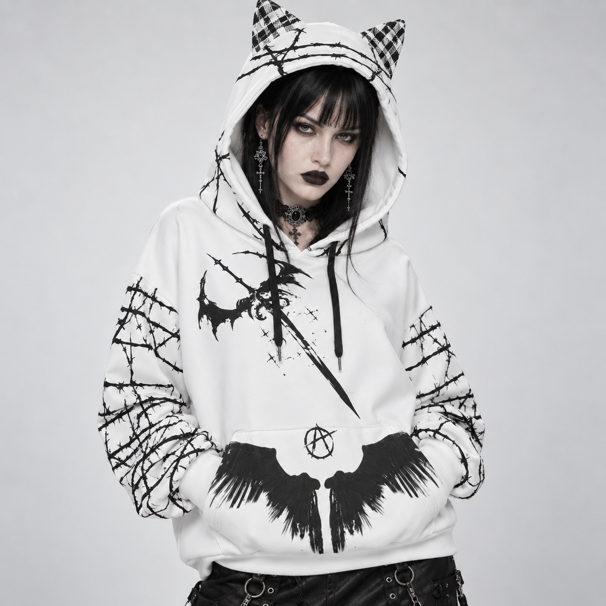 Bluza Damska Grunge Goth z Kocimi Uszami | Anarchy Cat Escape | 230 GSM