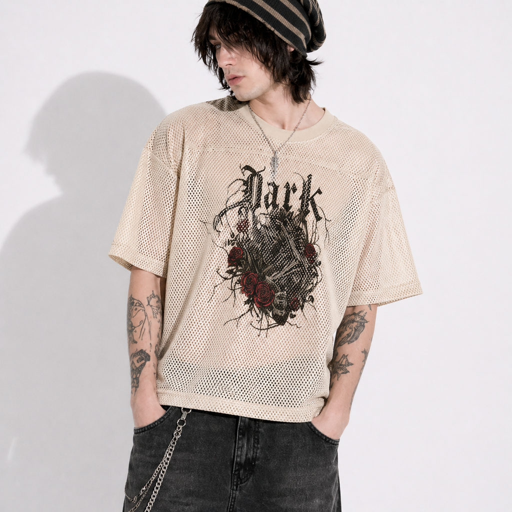 Koszulka Mesh Grunge Goth Dark Rose – Oversize Streetwear | Siateczkowy T-Shirt z Czaszką | Alt Aesthetic