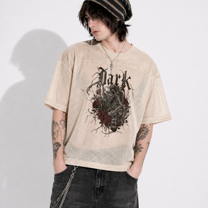 Mesh Grunge Goth Dark Rose T-Shirt – Oversized Streetwear | Mesh Skull T-Shirt | Alt Aesthetic