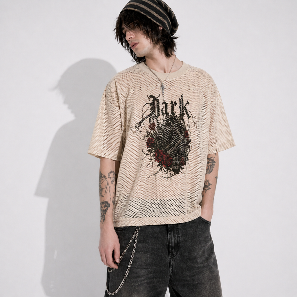Koszulka Mesh Grunge Goth Dark Rose – Oversize Streetwear | Siateczkowy T-Shirt z Czaszką | Alt Aesthetic
