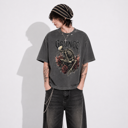 T-Shirt Grunge Aesthetic Skeleton Crown – Sprana Szarość Distressed | Dark Streetwear | Heavy Cotton Style