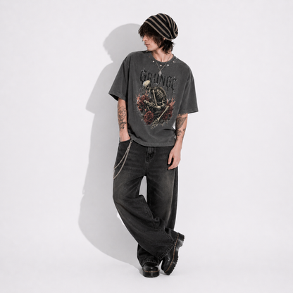 T-Shirt Grunge Aesthetic Skeleton Crown – Sprana Szarość Distressed | Dark Streetwear | Heavy Cotton Style
