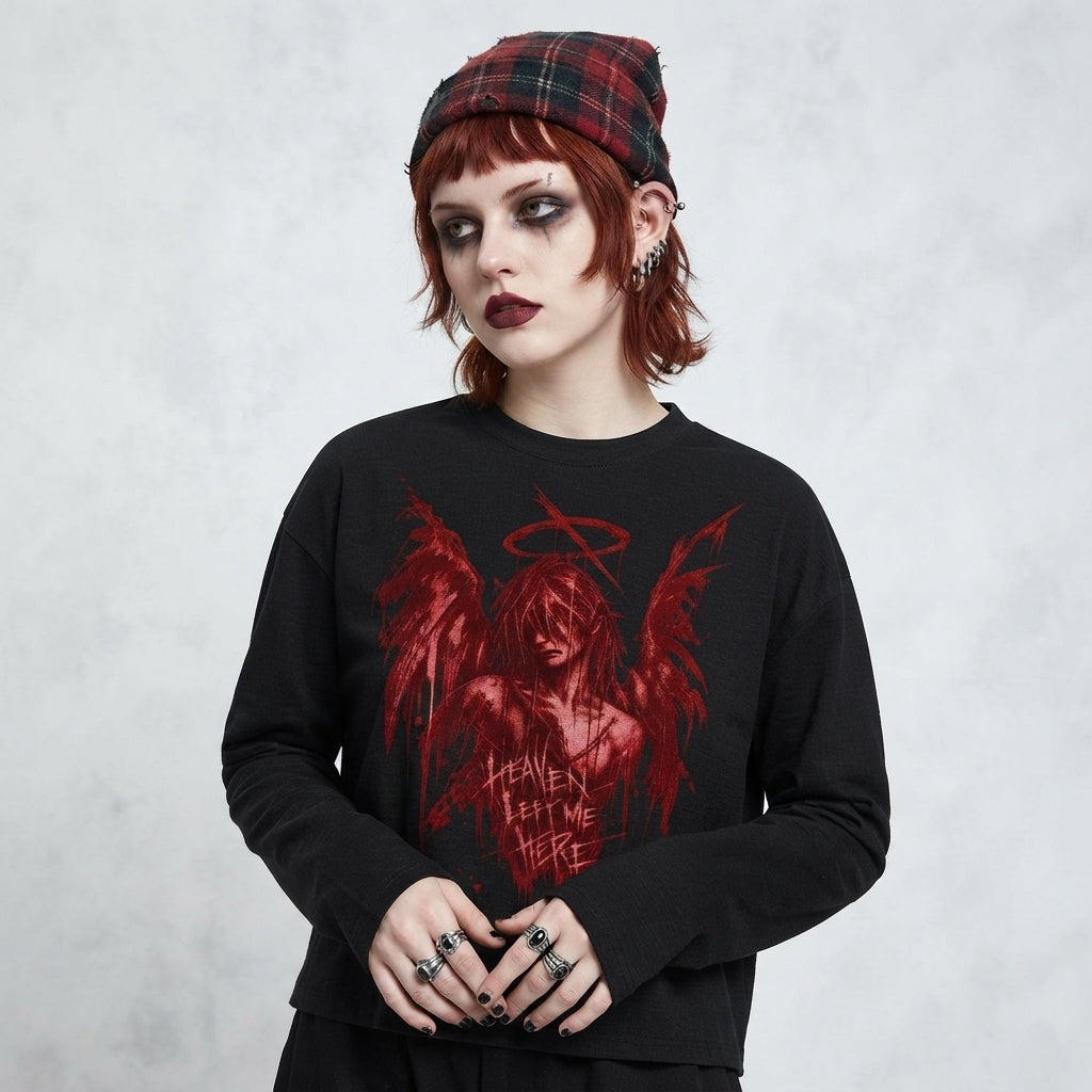 Grungowa Koszulka Gotycka Unisex z Długim Rękawem | Heaven Left Me Here | Upadły Anioł