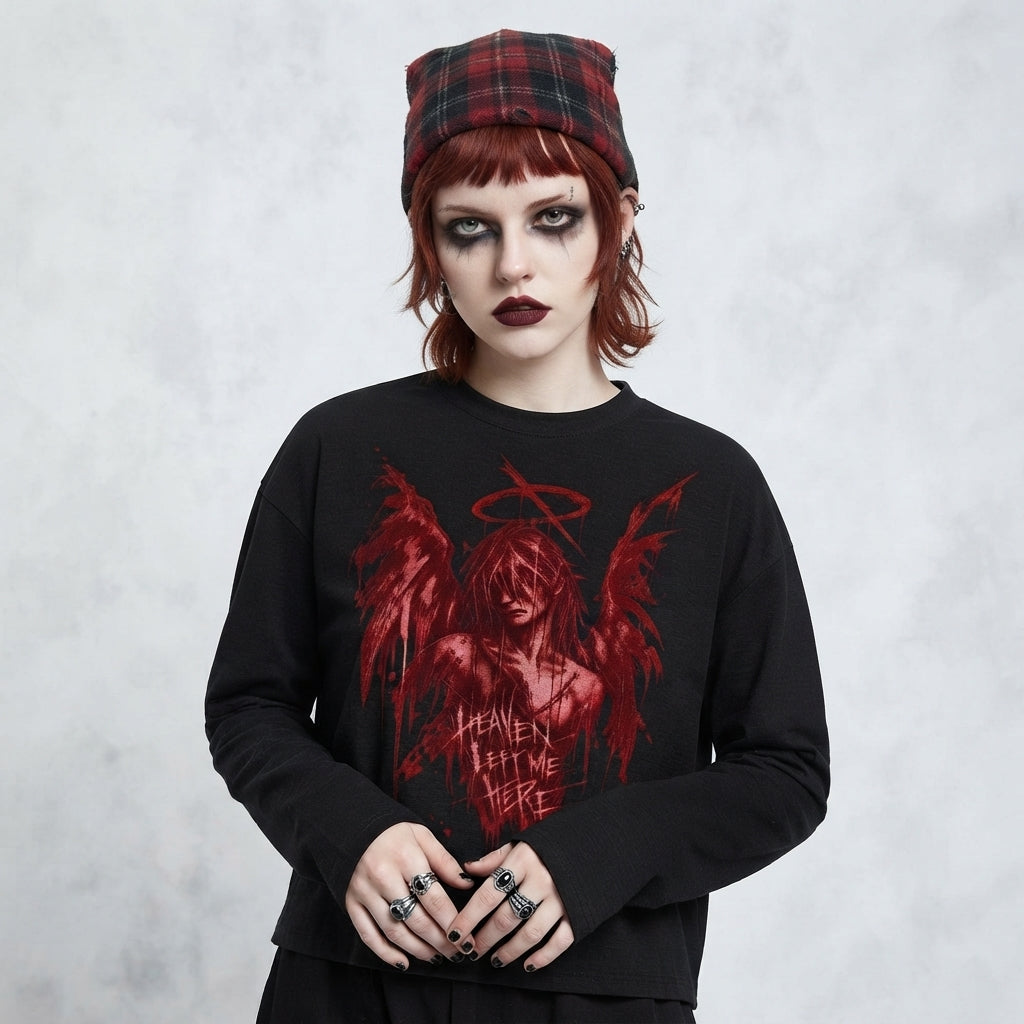 Grungowa Koszulka Gotycka Unisex z Długim Rękawem | Heaven Left Me Here | Upadły Anioł