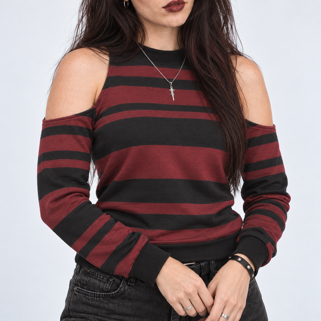 Damska Bluza Grunge Cold Shoulder w Paski | Crimson Riot – 230 GSM