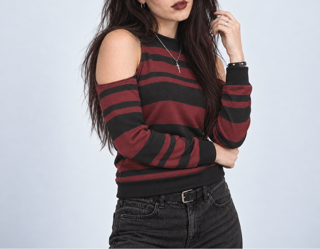 Damska Bluza Grunge Cold Shoulder w Paski | Crimson Riot – 230 GSM