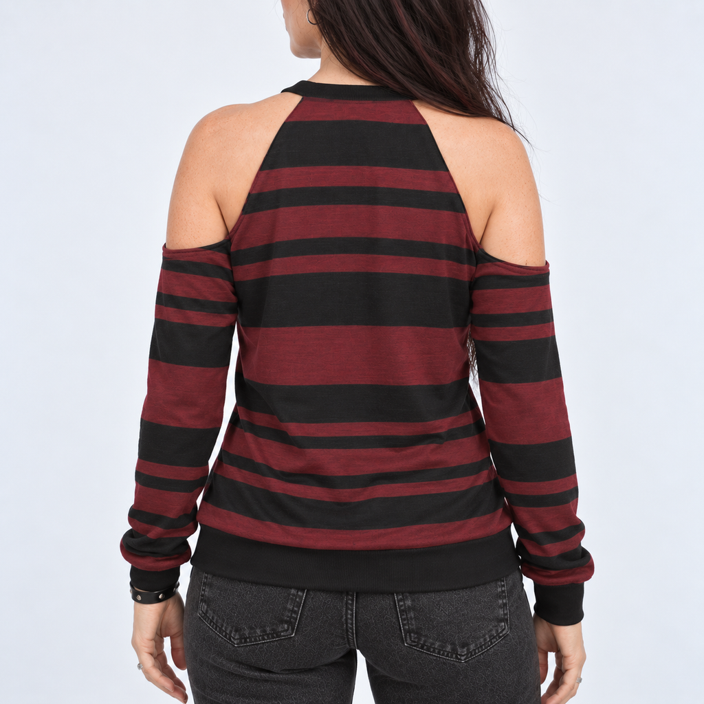 Damska Bluza Grunge Cold Shoulder w Paski | Crimson Riot – 230 GSM