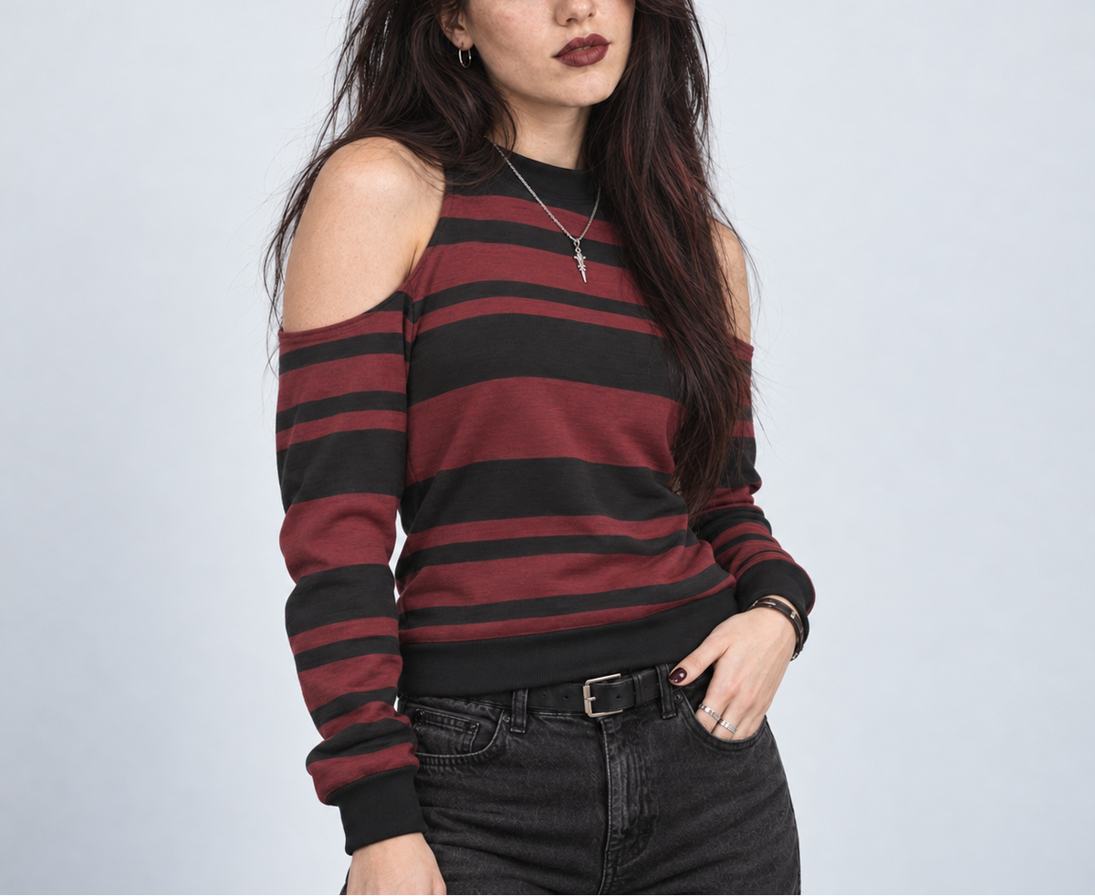Damska Bluza Grunge Cold Shoulder w Paski | Crimson Riot – 230 GSM