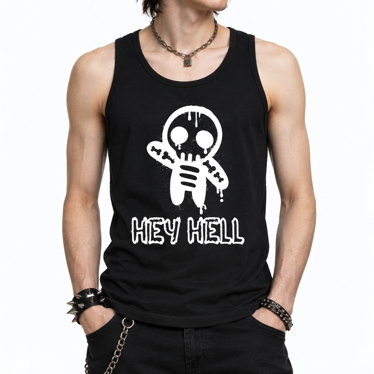 Męski Tank Top Punk Gothic z Nadrukiem – HEY HELL | 100% Bawełna 203 GSM