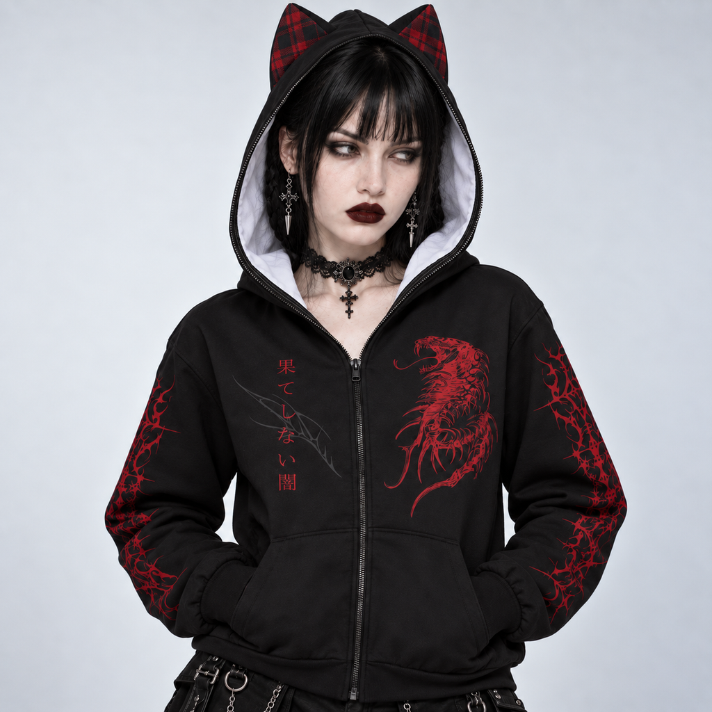 Japońska Bluza Gotycka Harajuku z Kocimi Uszami | AKAI NEKO Full-Zip