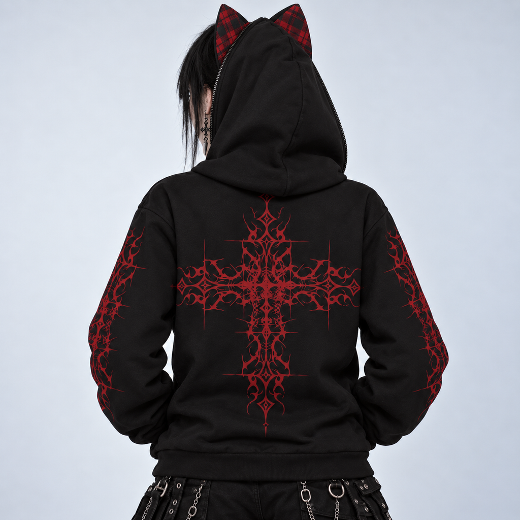 Japońska Bluza Gotycka Harajuku z Kocimi Uszami | AKAI NEKO Full-Zip