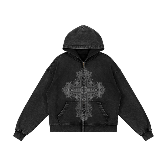 Gotycka Bluza Unisex Zip z kapturem Mystic Gothic Cross Bawełna 440gsm