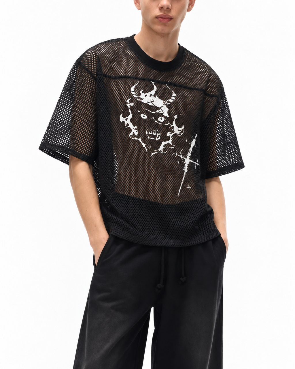 Gotycka Koszulka Mesh Oversize | Demoncore Black – 260 GSM