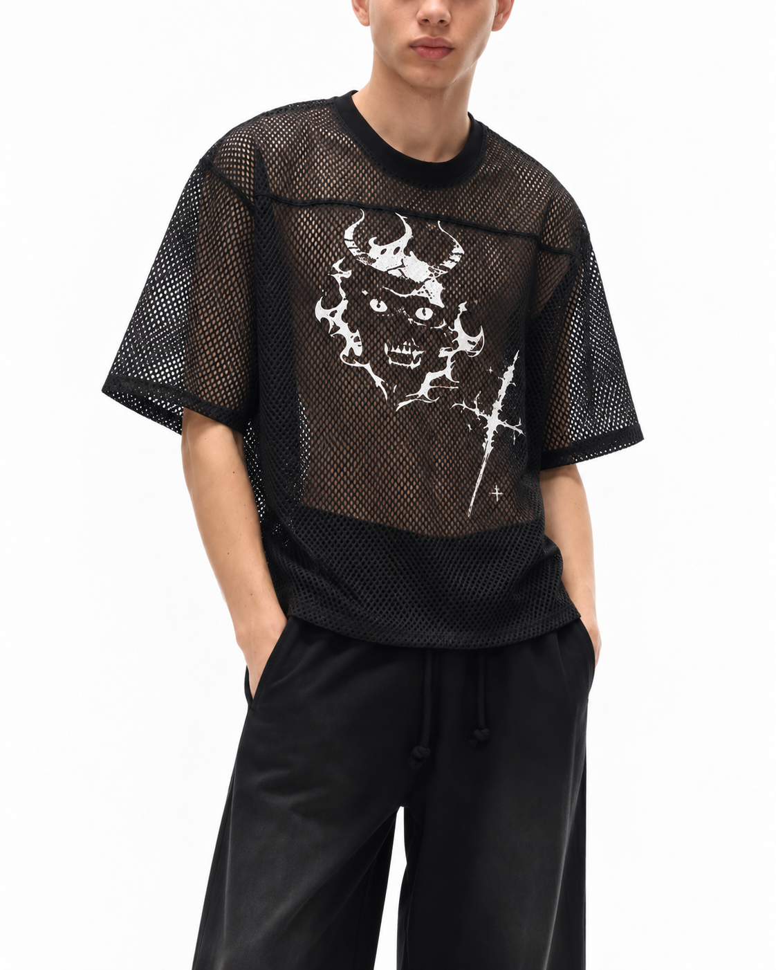 Gotycka Koszulka Mesh Oversize | Demoncore Black – 260 GSM