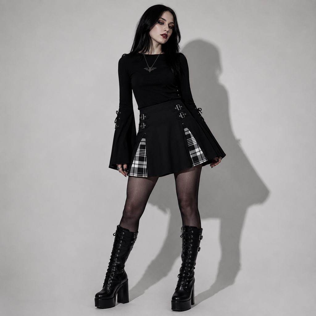 Punk Goth Mini Spódniczka w Kratę z Klamrami | Dark Academia Plaid Skirt