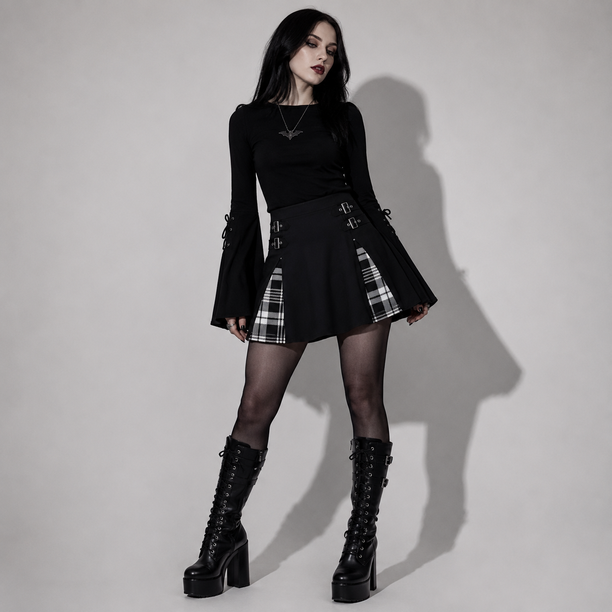 Punk Goth Mini Spódniczka w Kratę z Klamrami | Dark Academia Plaid Skirt
