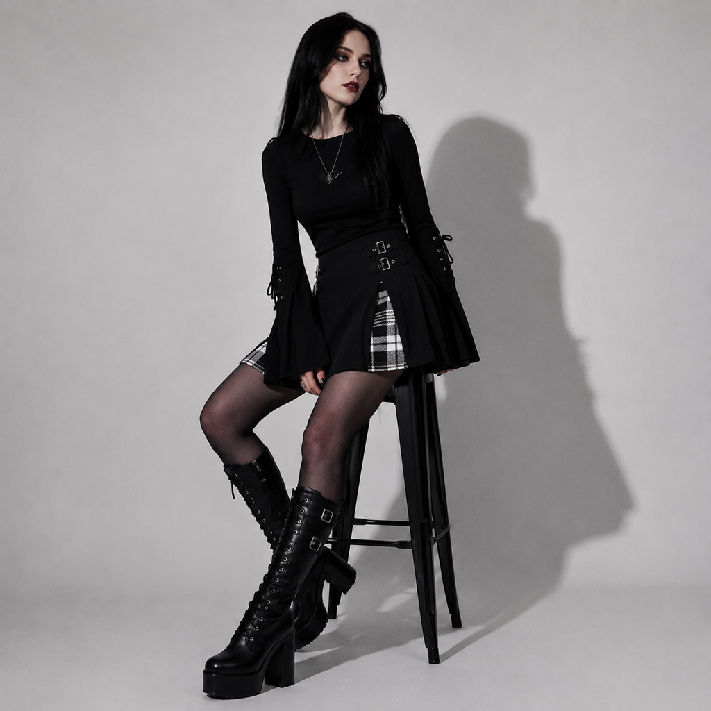 Punk Goth Mini Spódniczka w Kratę z Klamrami | Dark Academia Plaid Skirt