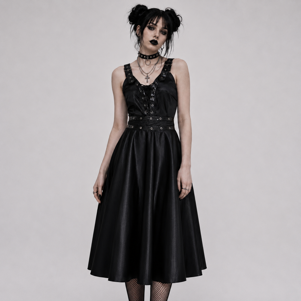 Gotycka Sukienka Skater z Eko Skóry | Black Heart– Midnight Requiem Dress