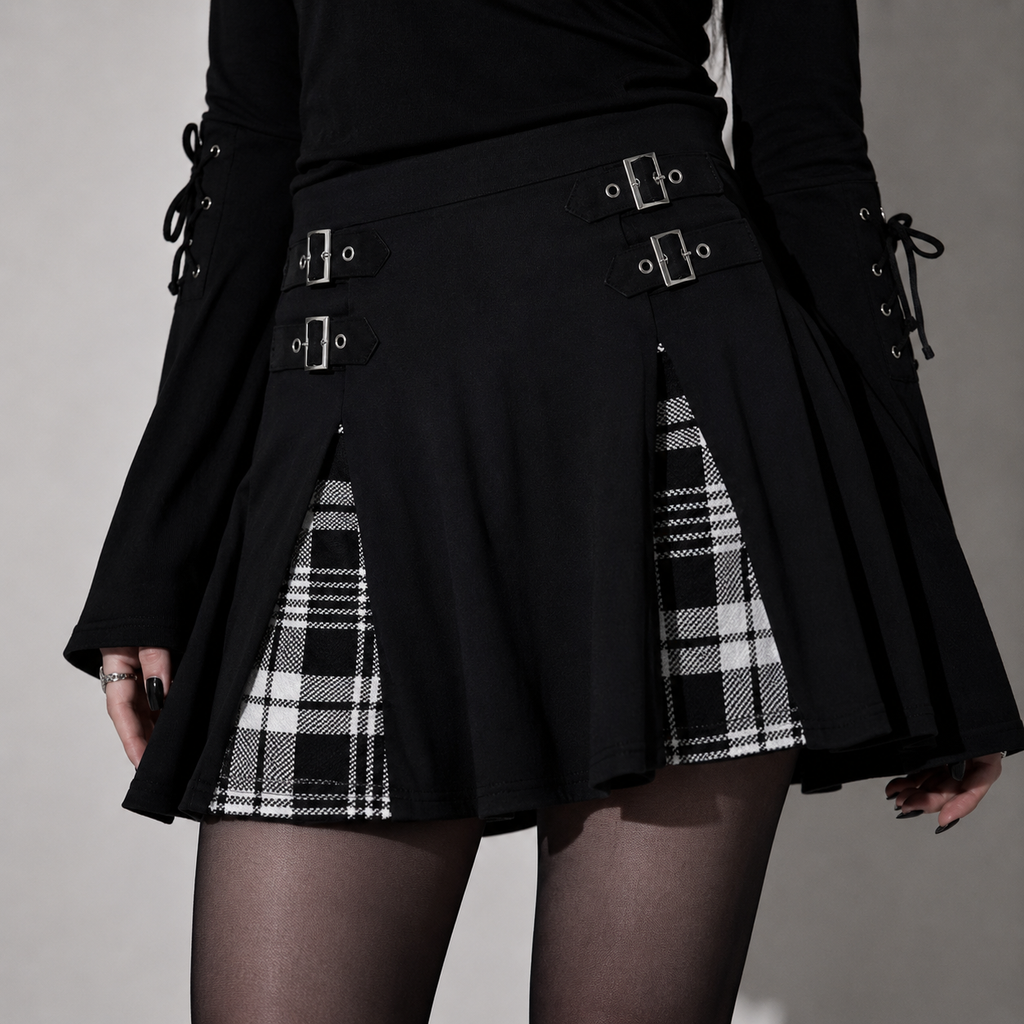 Punk Goth Mini Spódniczka w Kratę z Klamrami | Dark Academia Plaid Skirt
