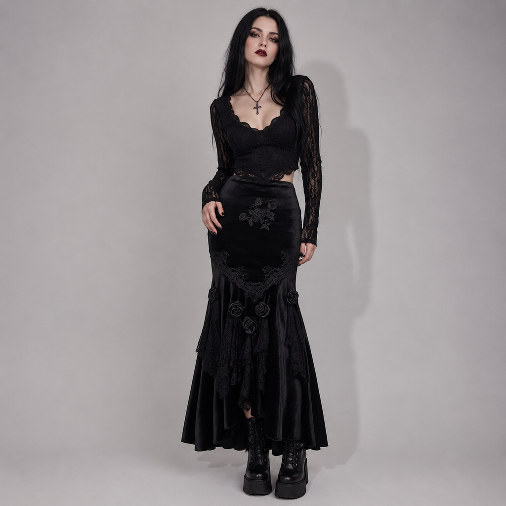 Romantyczna Gotycka Spódnica Maxi | Midnight Rose Elegance | Dark Rose Spell