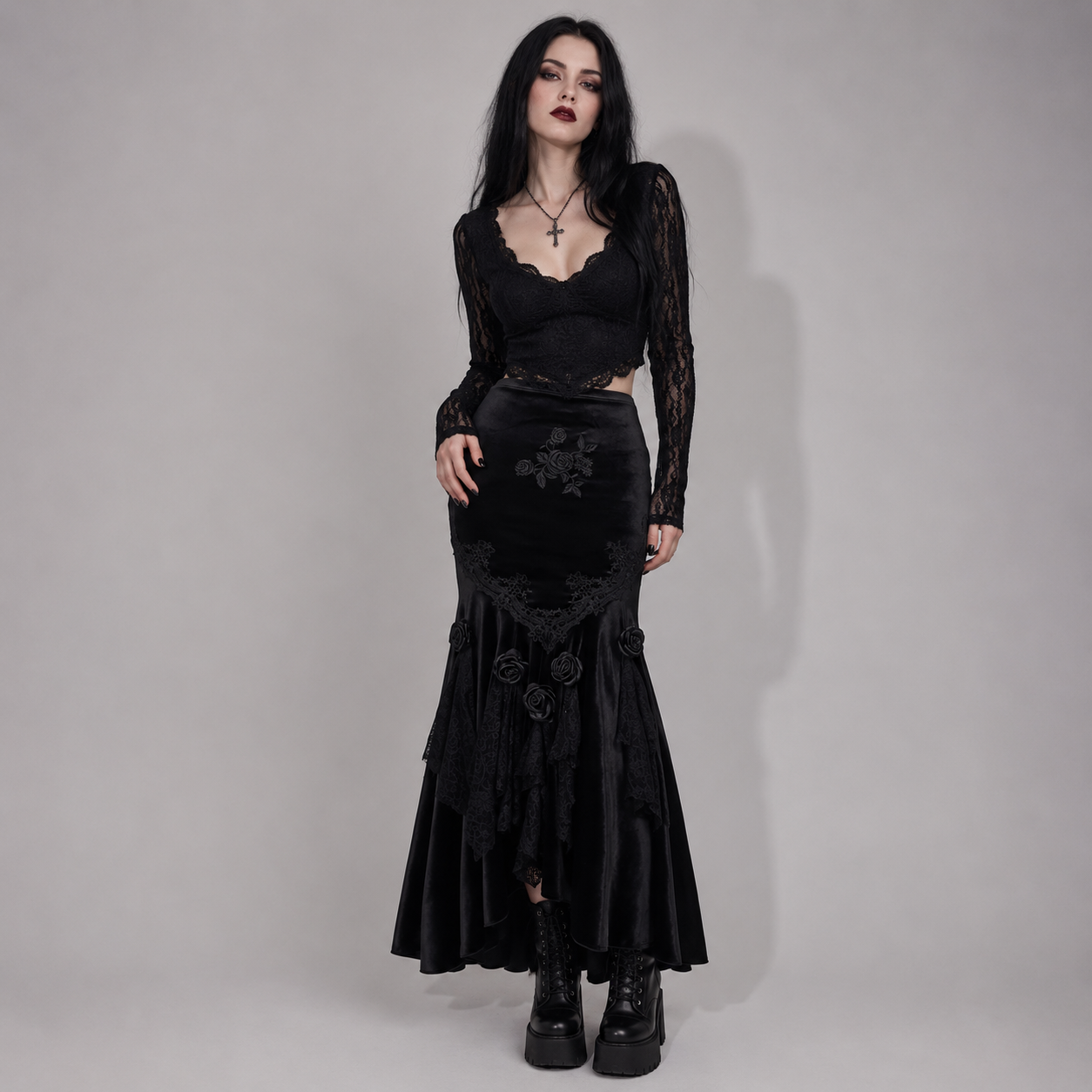 Romantyczna Gotycka Spódnica Maxi | Midnight Rose Elegance | Dark Rose Spell