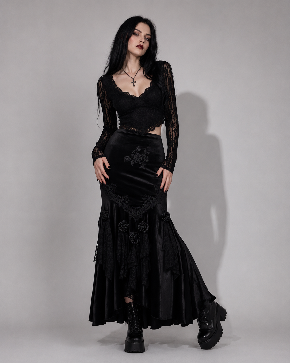 Romantyczna Gotycka Spódnica Maxi | Midnight Rose Elegance | Dark Rose Spell