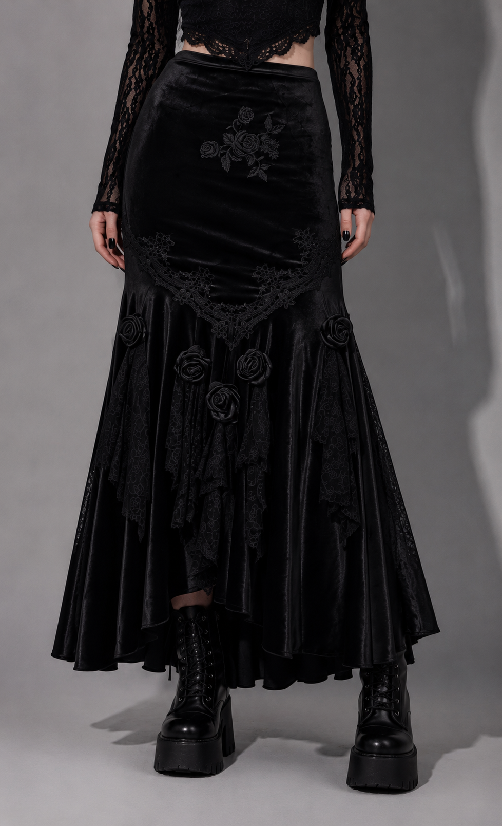 Romantyczna Gotycka Spódnica Maxi | Midnight Rose Elegance | Dark Rose Spell