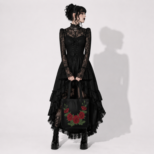 Gotycka Torba Victorian Skull Roses – Mroczna Tote Bag z Czaszkami i Różami