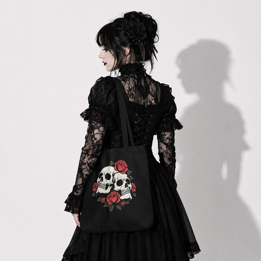 Gotycka Torba Victorian Skull Roses – Mroczna Tote Bag z Czaszkami i Różami