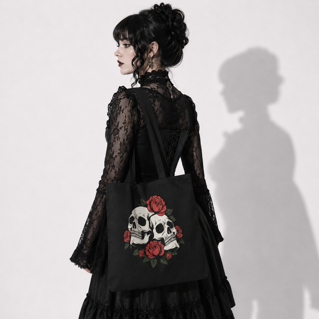 Gotycka Torba Victorian Skull Roses – Mroczna Tote Bag z Czaszkami i Różami