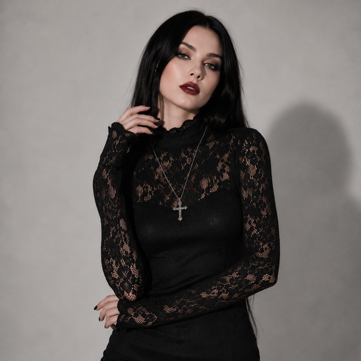 Gotycka Koronkowa Sukienka Maxi Romantic Gothic – Elegancka Czarna Suknia z Długim Rękawem