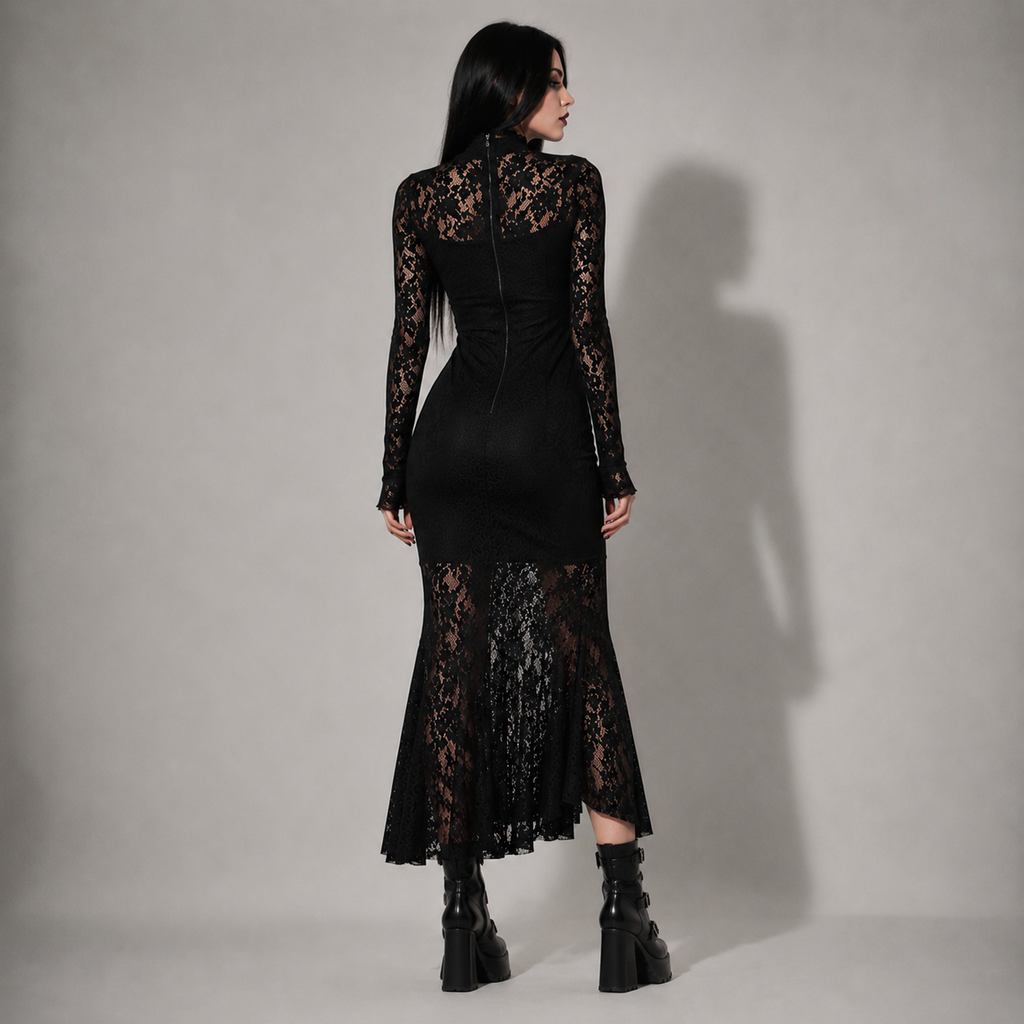 Gotycka Koronkowa Sukienka Maxi Romantic Gothic – Elegancka Czarna Suknia z Długim Rękawem