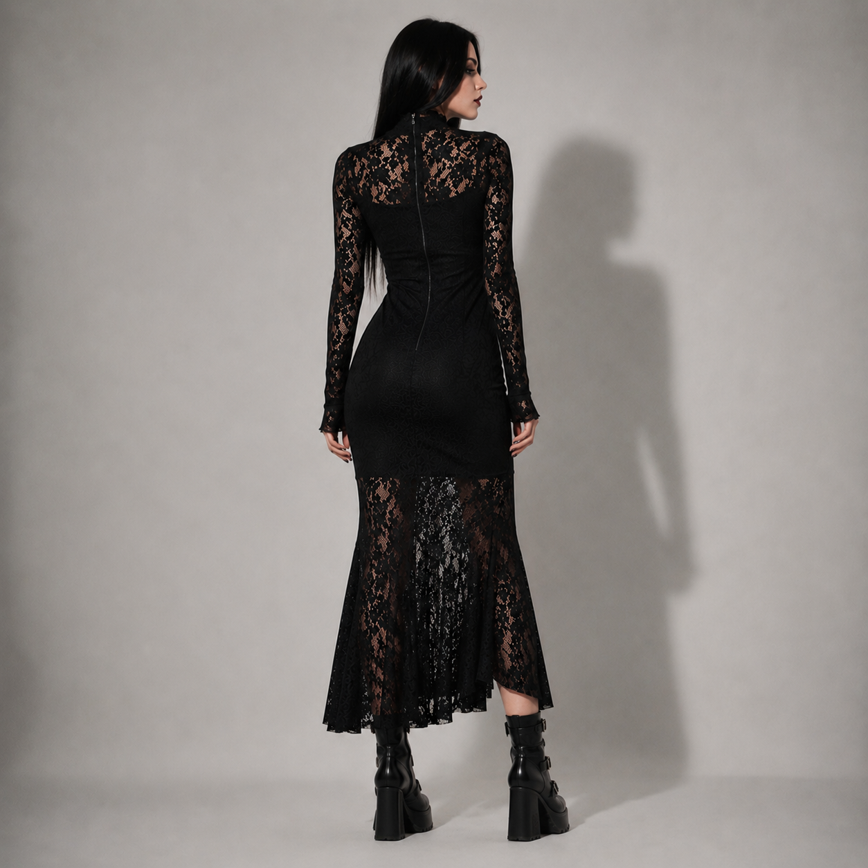 Gotycka Koronkowa Sukienka Maxi Romantic Gothic – Elegancka Czarna Suknia z Długim Rękawem