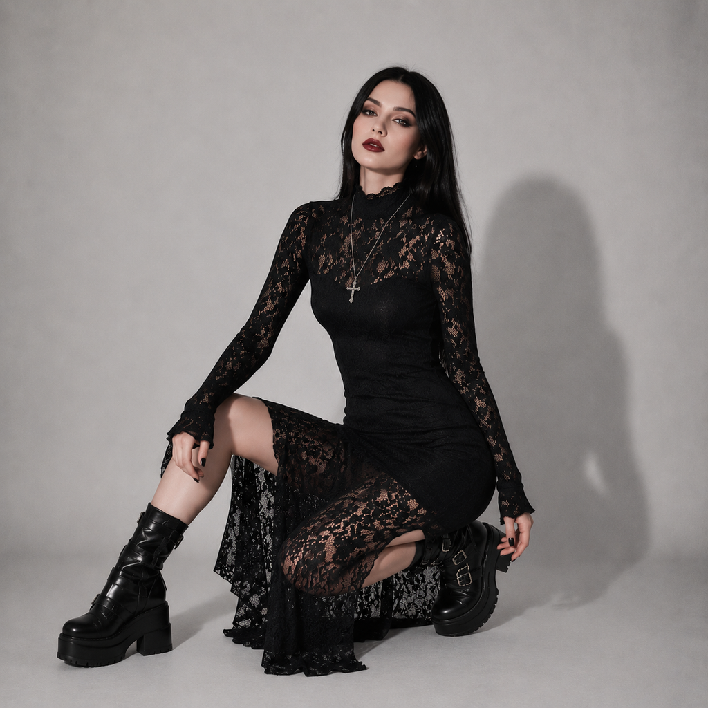 Gotycka Koronkowa Sukienka Maxi Romantic Gothic – Elegancka Czarna Suknia z Długim Rękawem