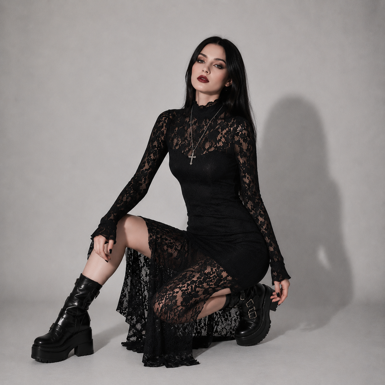 Gotycka Koronkowa Sukienka Maxi Romantic Gothic – Elegancka Czarna Suknia z Długim Rękawem