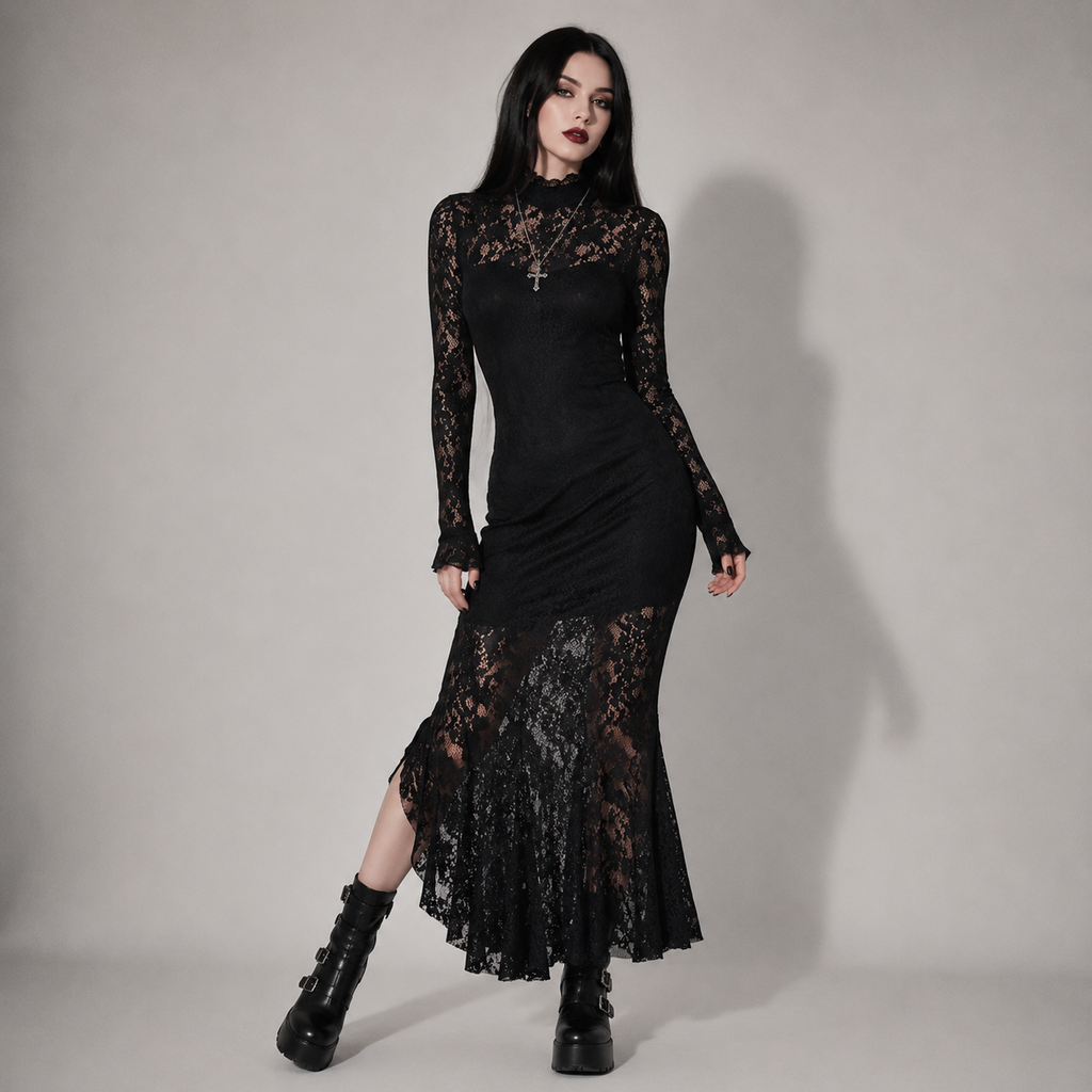 Gotycka Koronkowa Sukienka Maxi Romantic Gothic – Elegancka Czarna Suknia z Długim Rękawem