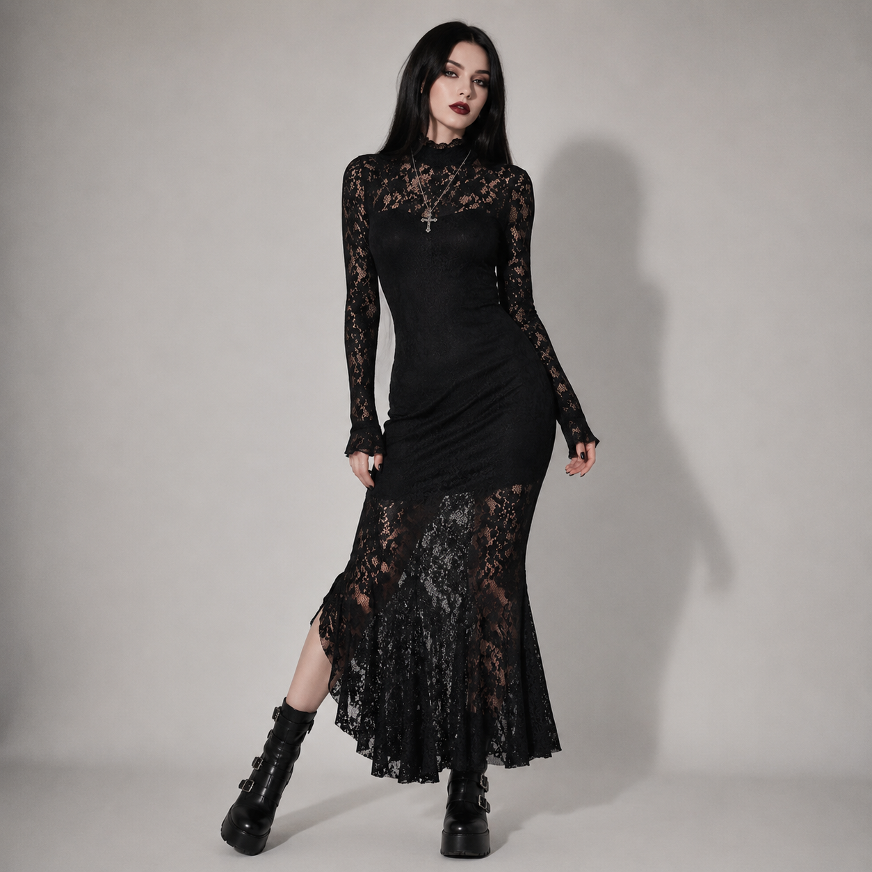 Gotycka Koronkowa Sukienka Maxi Romantic Gothic – Elegancka Czarna Suknia z Długim Rękawem
