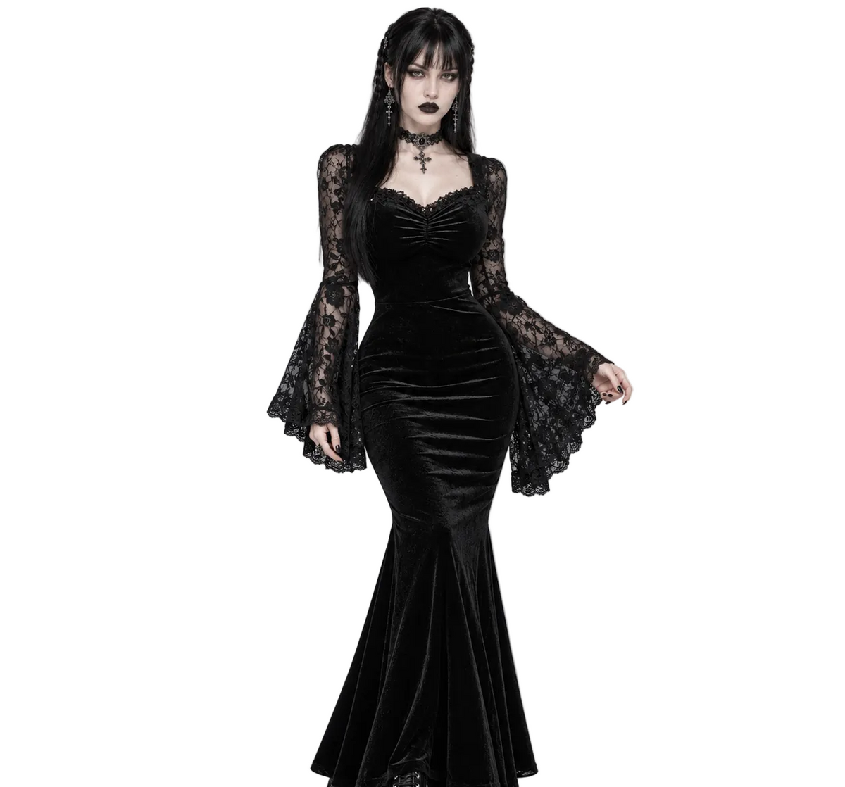 Gotycka Sukienka Maxi Romantic Witch | Black Nocturne – Koronkowe Rękawy